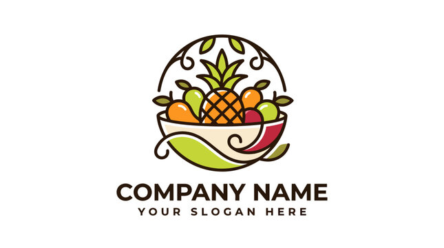 Creative vector logo design featuring a bowl of fresh tropical fruits.