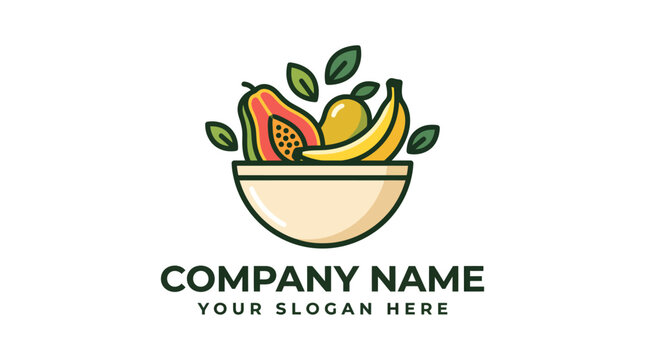 Fresh tropical fruit bowl logo design with papaya banana and mango.