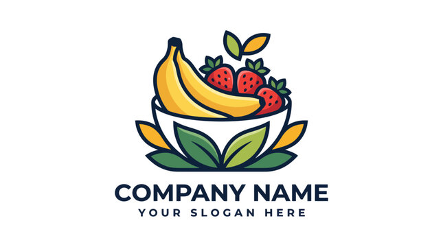 Fruit bowl logo with bananas and strawberries.