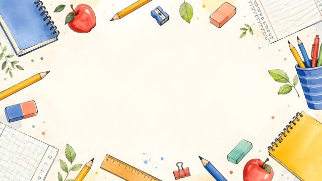 Watercolor illustration of school supplies and stationery arranged around a light background, forming a frame for educational or creative content.