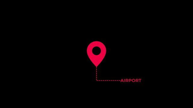 Pink airport location pin with dotted route line and AIRPORT text on black background for GPS navigation travel mapping and wayfinding