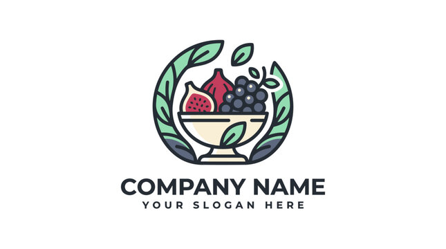 Minimalist Fruit Bowl Logo Design with Leaves Frame.