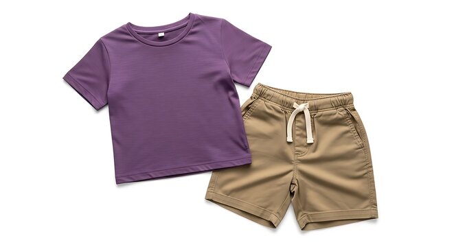 Purple short sleeve t-shirt with khaki drawstring shorts