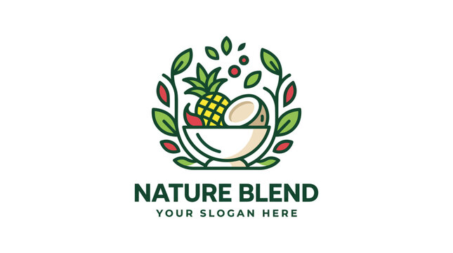 Modern nature blend fruit bowl logo design with tropical pineapple and coconut.