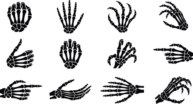 Set of various skeleton hand gestures for halloween design elements isolated on a plain white background