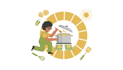 Fototapeta premium Cooking process powered by sustainable solar energy featuring a kitchen scene with solar panels and nutrition symbols.