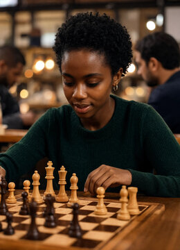 Young Black woman thoughtfully moves a chess piece across a wooden board in a warmly lit cafe, with blurred patrons and copy space around her.
