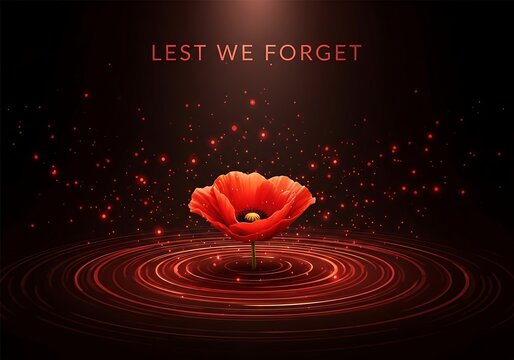 A red poppy in water with the words lest we forget