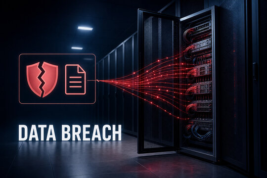 A dimly lit data center shows a server rack with glowing lines depicting a data breach, emphasizing privacy risk, security concerns, and rapid cyber incident response in networks.