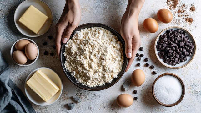 Top view of hands preparing chocolate chip cookie ingredients with flour, eggs, butter and sugar for homemade baking