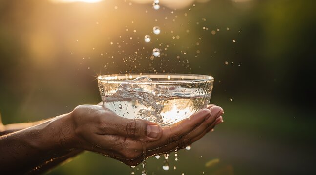 Hands Holding Bowl of Water in Sunlight