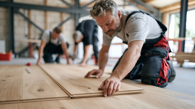 Flooring installation crew carefully laying wide plank hardwood in an industrial loft conversion space, group of tradespeople measuring and fitting around exposed steel beams and
