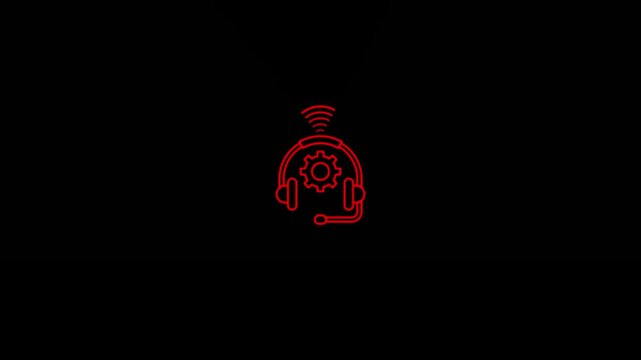 Glowing red customer support headset icon with gear symbol on a dark background a neon outline with in the center
