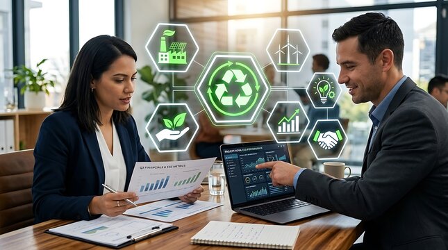 Business professionals collaborating on sustainable corporate strategy with digital icons.