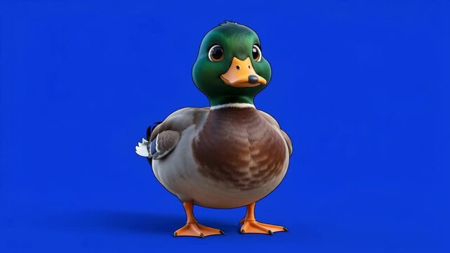 Cute animated mallard duck with vibrant green head and brown feathers standing on a blue background.