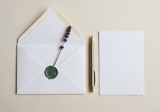 A white envelope with a green wax seal and a blank card