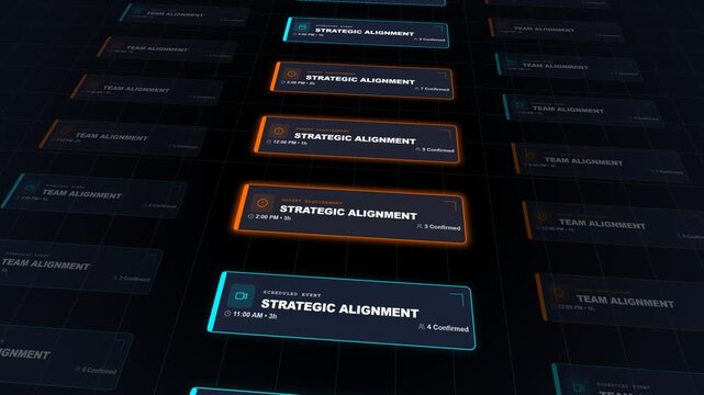 Digital interface panels with strategic alignment text scrolling vertically in blue and orange neon glowing on dark background for futuristic business