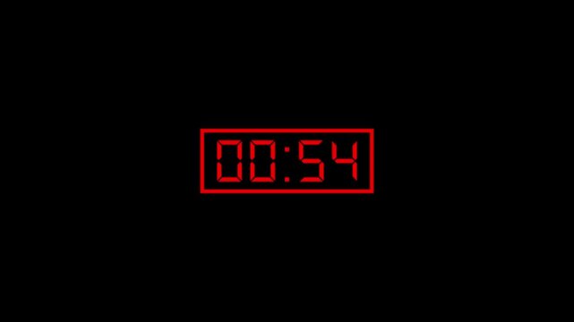 Abstract red d-s font 1 minute countdown on the rectangle animation from 59 seconds to 0 seconds on a black background.One minute to zero second countdown timer.