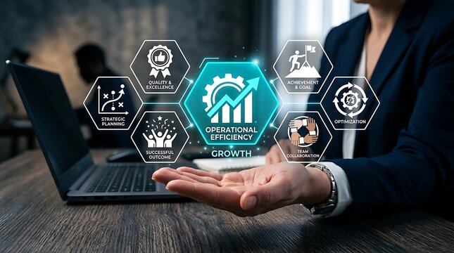 Business person holding glowing digital growth and strategy icons above a laptop desk