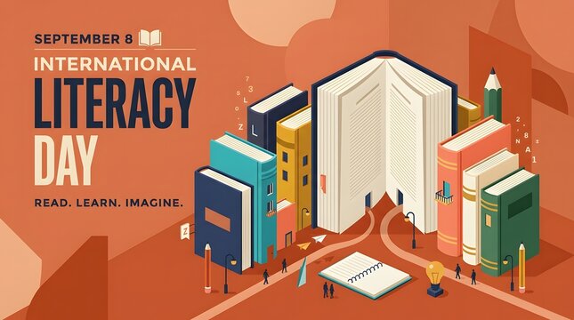 Isometric illustration depicts buildings shaped like books and literacy elements