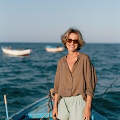 Fototapeta premium Middle aged woman smiling on a small boat at sea for summer travel banner and coastal wallpaper background for vacation design