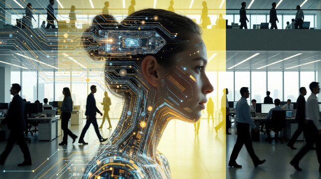 Digital human head merges with circuit board patterns. Busy office workers walk in background. Futuristic concept of AI integration in workplace. Data flow and tech.