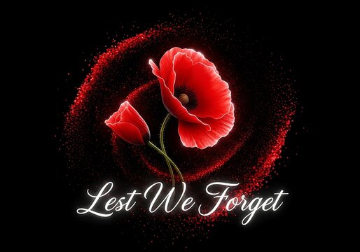 A red poppy design with the words lest we forget