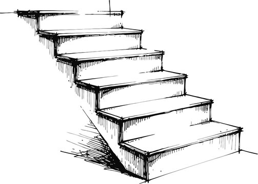 Hand drawn sketch of stairs with shadow perspective, architectural design concept illustration