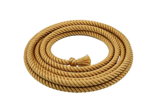 A coiled length of thick natural fiber rope with a frayed end knot isolated on a transparent background