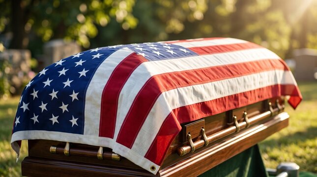 Coffin draped with flag, American flag draped coffin at military funeral outdoors  