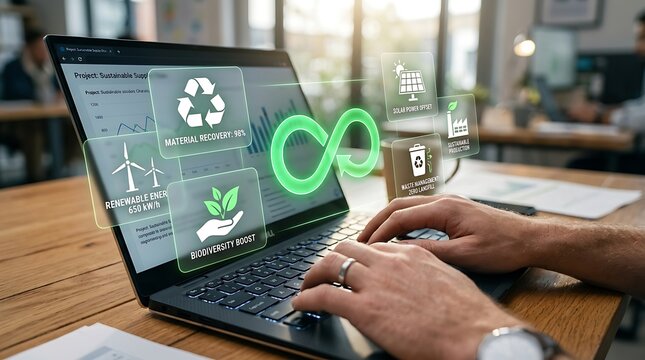 Hands typing on laptop with green circular economy and sustainable energy icons on screen