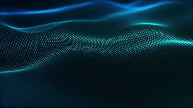 Cyan dotted data wave flows across a dark digital surface, creating a clean futuristic technology background for network, AI and abstract motion projects.