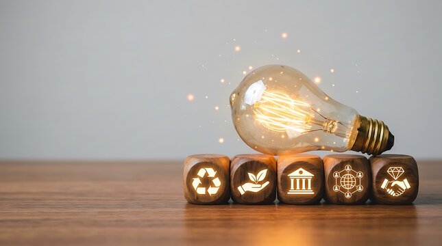 Glowing lightbulb on wooden blocks with ESG and sustainability icons for business strategy.