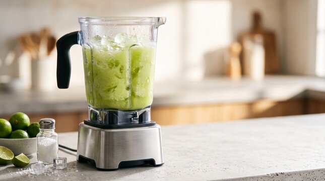 Margarita blender with ice, Electric blender with green smoothie on kitchen counter in sunlight  