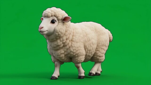 Cute fluffy sheep walking on a vibrant green screen background, perfect for compositing and animation projects.