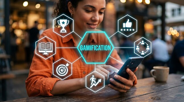 Woman using smartphone with digital gamification interface for user engagement and marketing