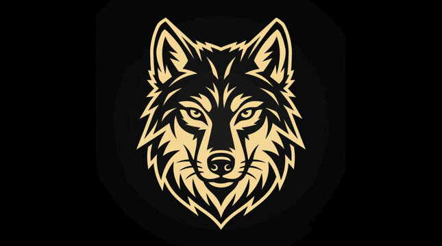 Detailed gold wolf head portrait mascot logo illustration.