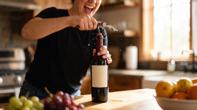 Wine opener corkscrew action, Woman opening wine bottle in cozy kitchen with fruits on wooden table  