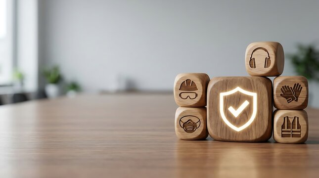 Wooden blocks with safety icons for industrial health and workplace protection standards.