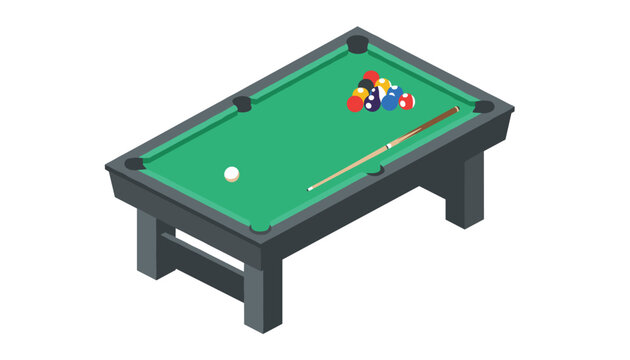 Isometric billiard pool table with green felt, rack of colored balls, cue stick, and a white cue ball.