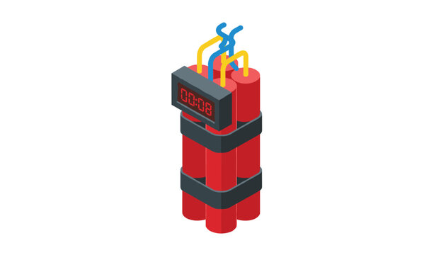 Isometric red dynamite stick time bomb with a digital countdown timer shows eight seconds remaining on its display.