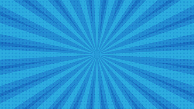 Blue Comic Style Sunburst Background with Radiating Rays and Halftone Dots. Abstract Blue Radial Burst Background with Retro Halftone Dot Pattern.