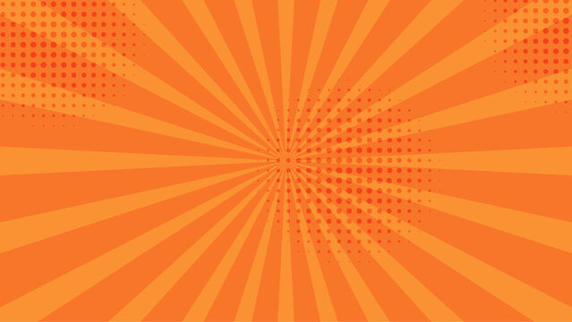 Orange Comic Style Sunburst Background with Halftone Dots and Radiating Rays. Abstract Orange Radial Burst Background with Retro Halftone Dot Pattern.