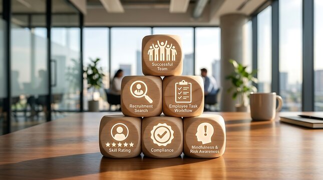 Wooden blocks with business icons stacked in a pyramid for corporate strategy planning