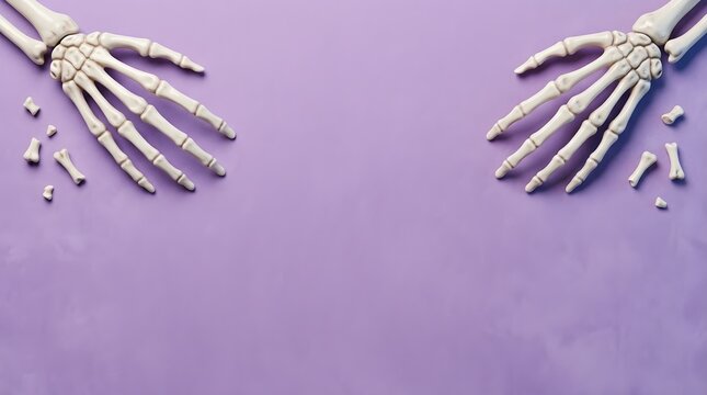 Skeleton Hands and Bones on Purple Background &ndash; Halloween Minimalist Art