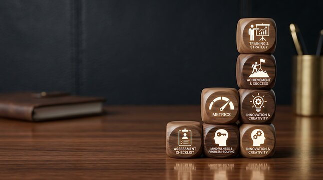 Wooden blocks with business icons stacked on a desk for growth and strategy concept