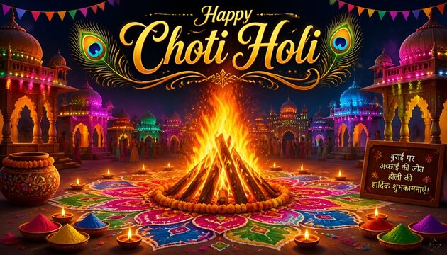 Vibrant celebration of choti holi with traditional bonfire and colorful decorations