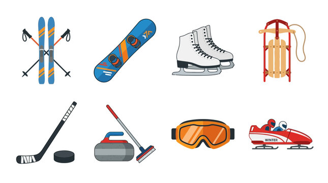 Set of various winter sports equipment and accessories icons.