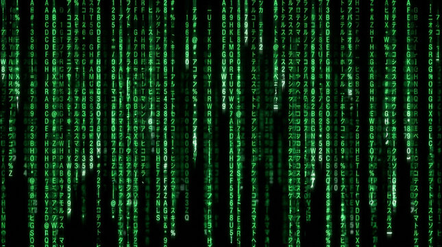 Green digital code cascading vertically on a black screen.