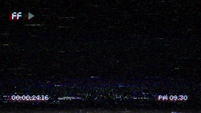 Vhs overlay with static noise glitch and fast forward play animation on screen display. Color tracking lines 4k video
